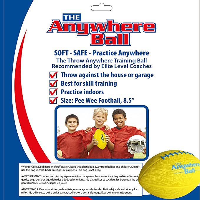 The graphic of the back of the packaging reads: "The anywhere ball. Soft - Safe - Practice anywhere. The throw anywhere training ball recommended by elite level coaches. A list of checkboxes have this text next to them: Throw against the house or garage, Best for skilltraining, Practice indoors, Size: Pee Wee Football, 8.5". A warning at the bottom reads: Warning to avoid danger of suffocation keep this plastic bag away from babies and children.