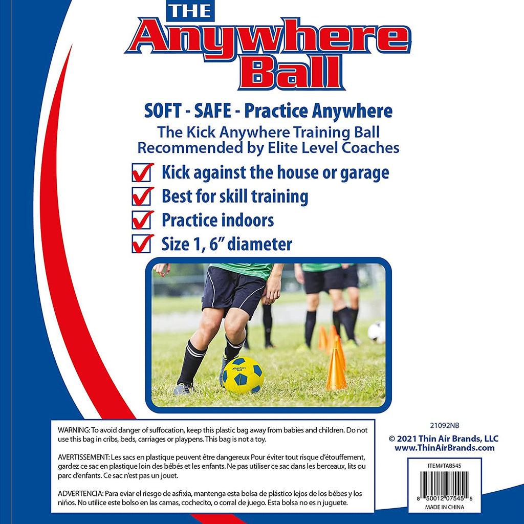 The image printed on the back of the packaging reads: The anywhere ball, soft - safe - practice anywhere. The kick anywhere training ball recommended by elite level coaches. Next to a checkmark for each of the points reads: Kick against the house or garage. Best for skill training. Practice indoors, Size 1,6" diameter. A warning at the bottom reads: To avoid danger of suffocation keep this packaging away from babies and children.