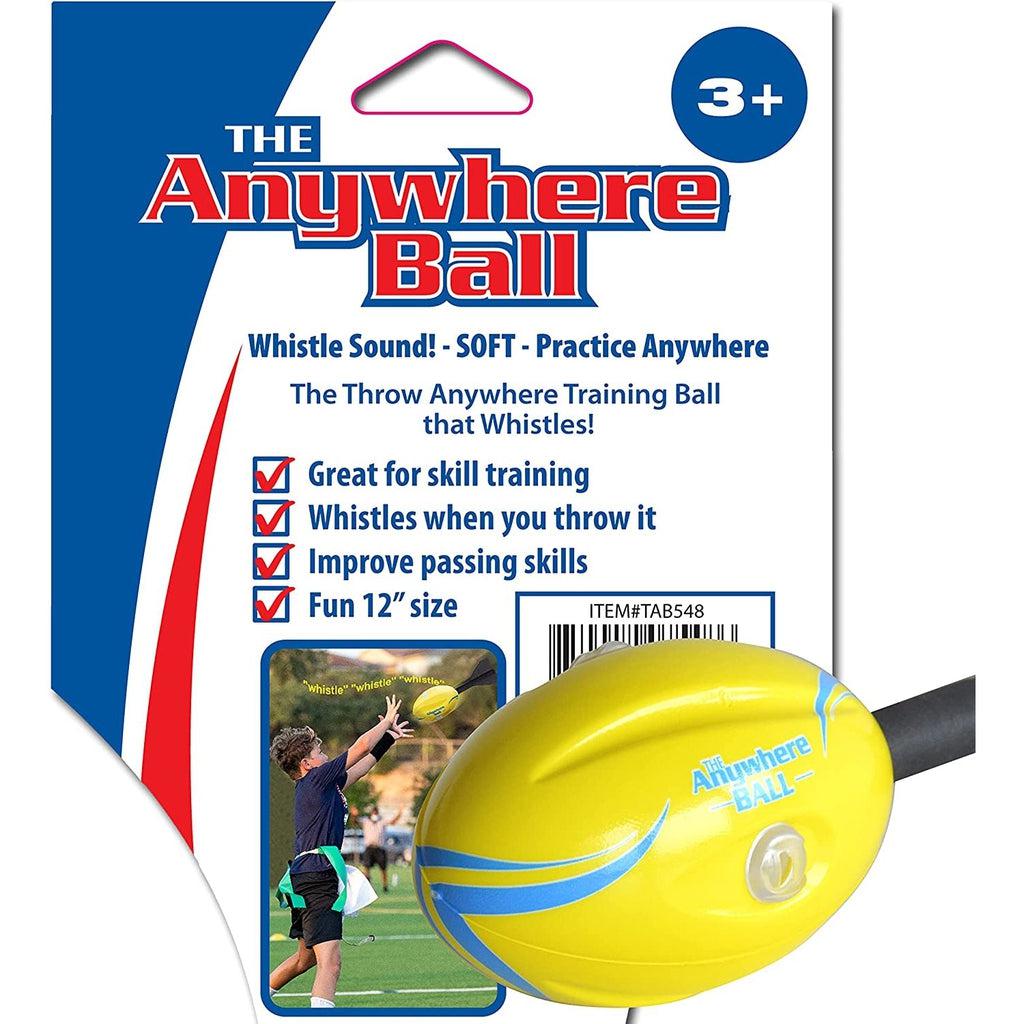 The back of the packaging is shown with a small image of an anywhere whistle football is in the bottom right. The packaging reads: The anywhere ball, whistle sound! - Soft - practice anywhere, The throw anywhere training ball that whistles! Text next to 4 checkboxes reads: Great for skill training; Whistles when you throw it; Improve passing skills; Fun 12" size.