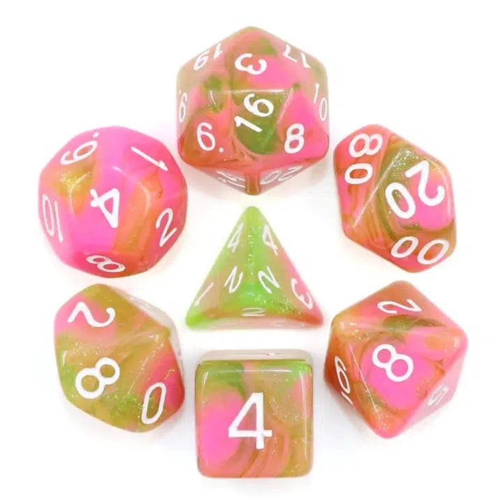 All 7 dice are in a circle with the D4 in the center. They are made of pink and apple-green resin that's been swirled together.