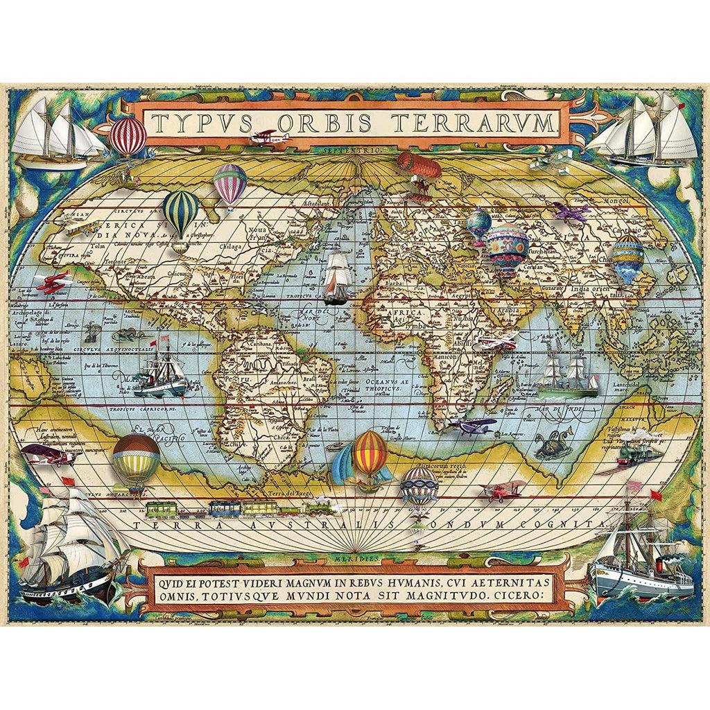 Puzzle shows an early map of the world with boats, hot air balloons, and early aeroplanes! There are two quotes on the top and bottom of the picture in Latin. The location names are all in Latin as well.