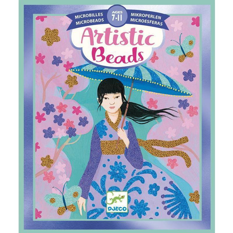 Image of the packaging for the Artistic Beads Around the World craft kit. On the front is an image of a possible finished product.
