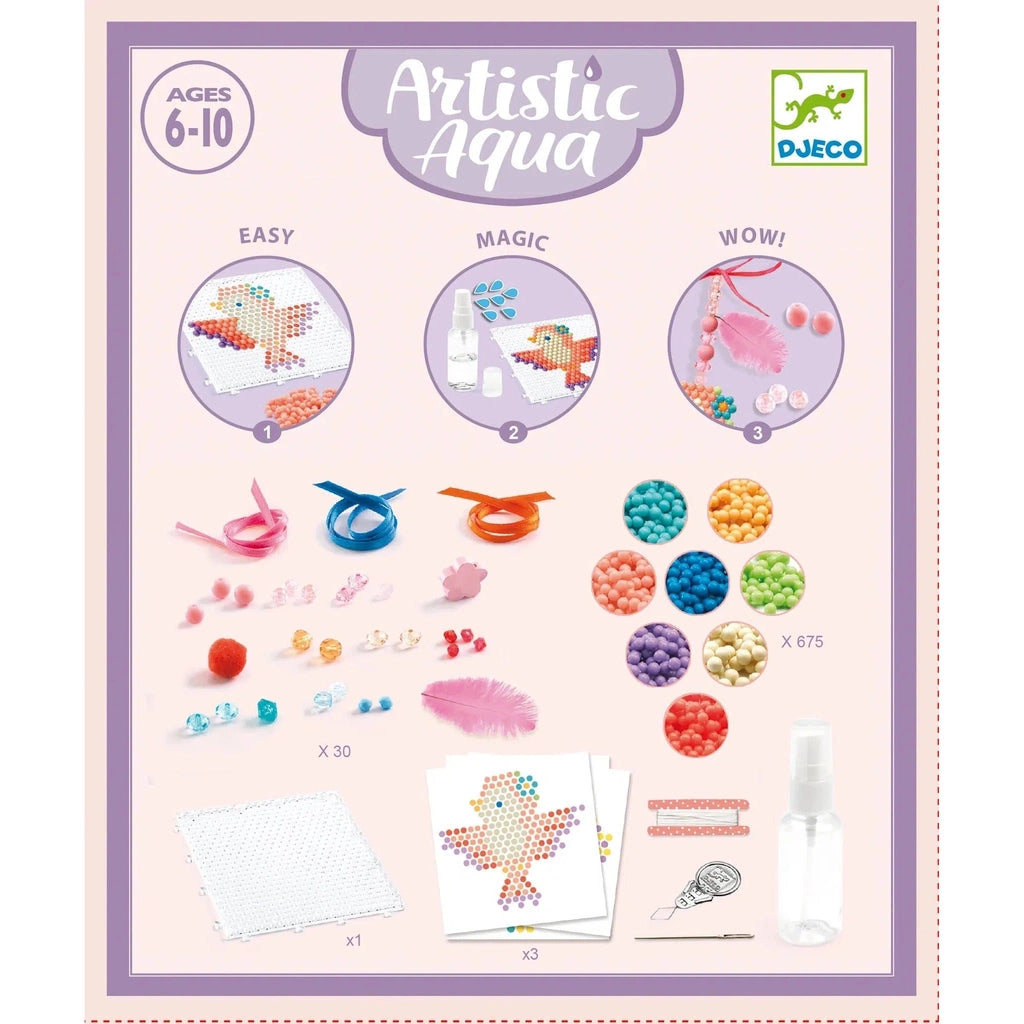 Image of all the included parts of the kit. It includes 8 colors of beads, a bead board, instructions, needle and thread, ribbon, charms, and a spray bottle.