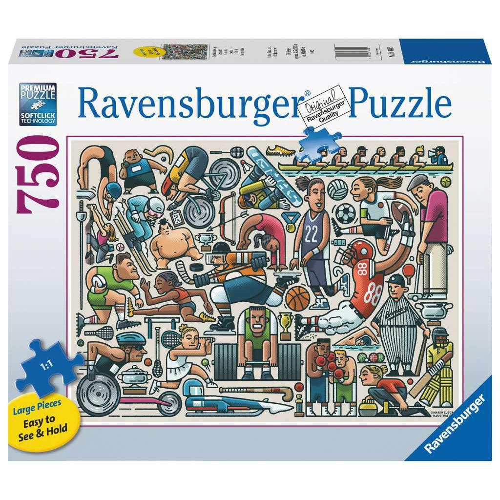 Image displays the front of the puzzle box. It has information such as the brand name, Ravensburger, and the piece count (750pc). In the center of the box is an picture of the finished puzzle. Puzzle described on next image.