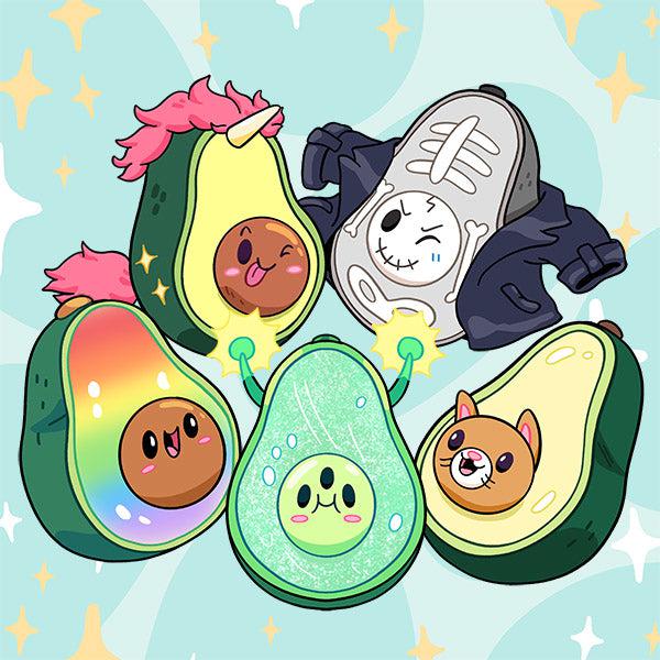 Cartoon image of the five different avocado alter ego plushes.