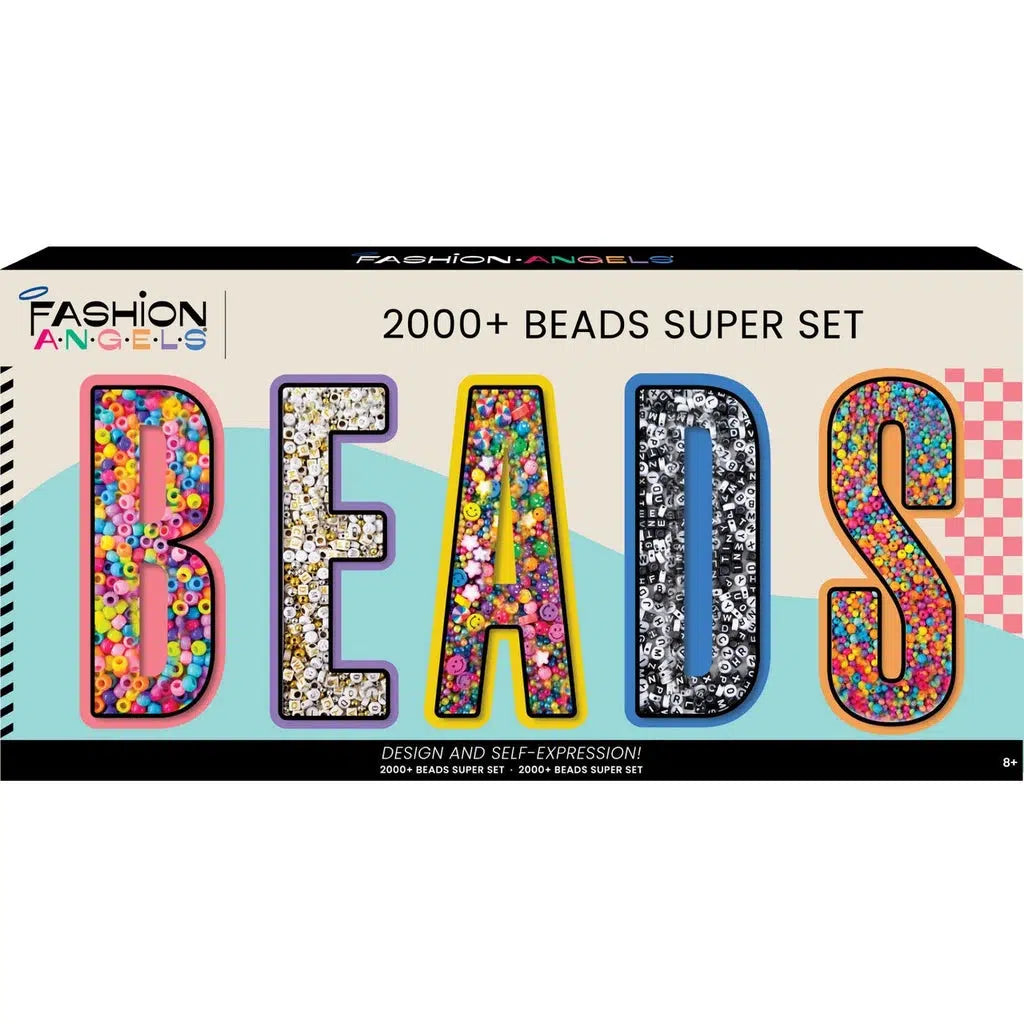 A long box reads: Fashion Angels logo in the top left followed by "2000+ Beads Super Set" in the top middle. The word beads is in large text across the middle of the box and each letter is filled with beads. B has rainbow beads, E has gold letter beads, A has more rainbow beads and shaped beads, D has black and white text beads, and S has more rainbow beads but they are smaller. The bottom reads Design and self-expression! 2000+ beads super set, and 8+ in the bottom right.