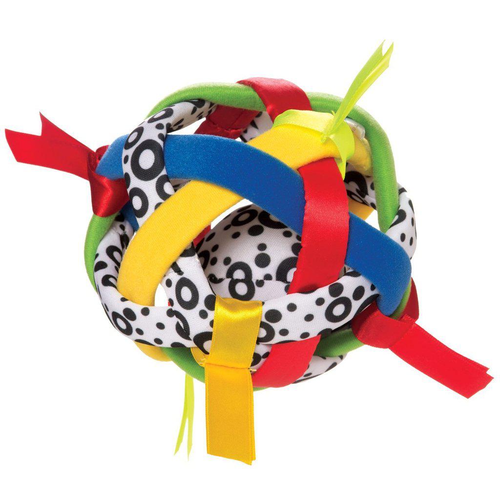 Image of the Bababall baby toy. It is a woven ball of six different fabric cover bands with ties of ribbon on some of the corners. In side is a bean bag to help the ball stay in one spot.