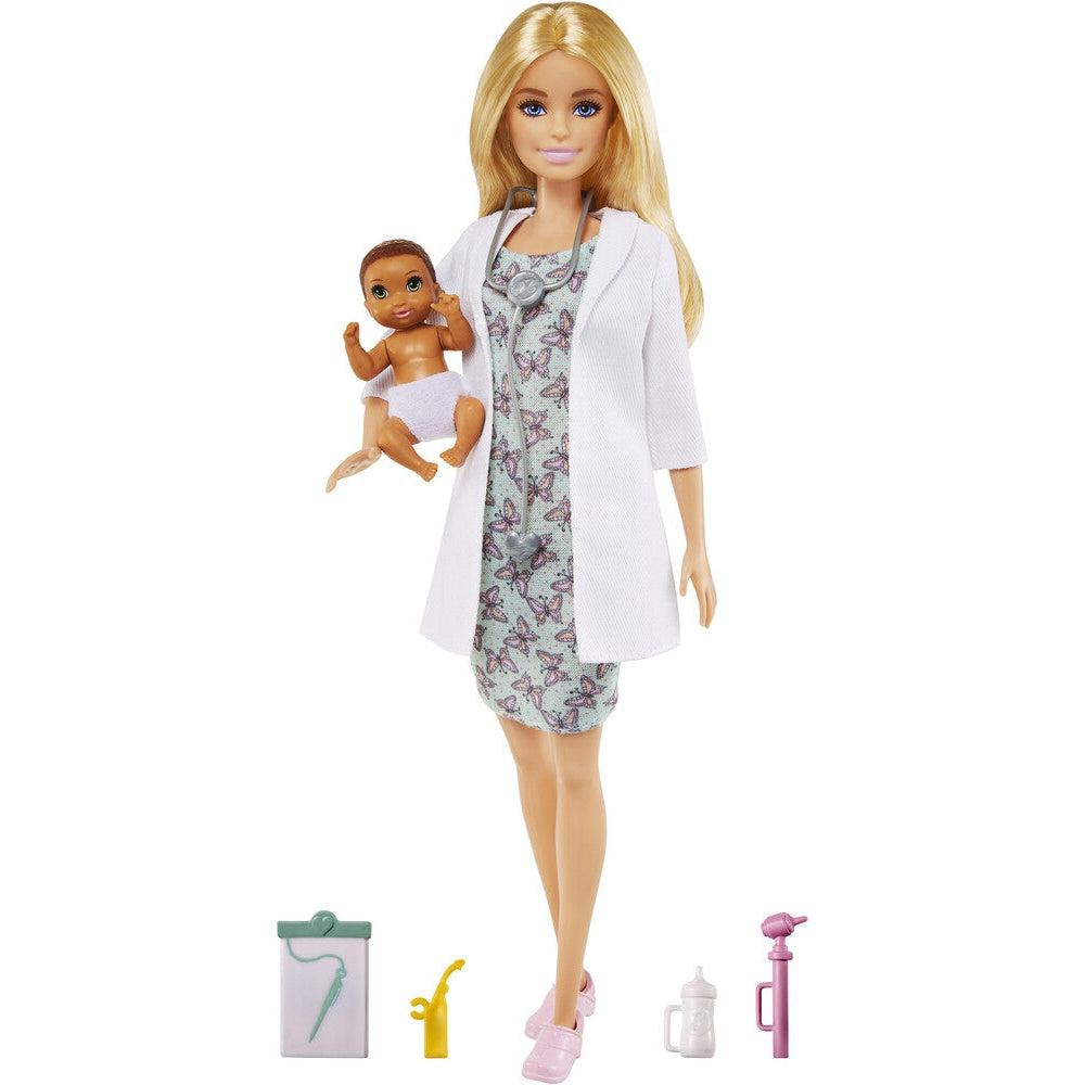 The barbie doll has long blond hair down to it's back, is holding a baby figurine, and wearing a dress with butterflies, a doctors coat, and pink flats. There is also a stethoscope on it's neck, and a little clipboard, and other accessories by the feet.