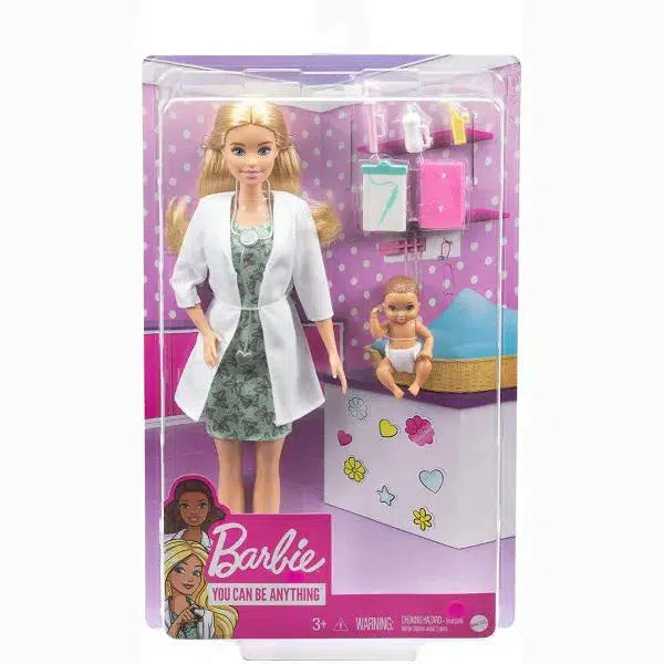 The baby doctor barbie comes in a plastic box with a cardboard back, inside is the doll, a baby figurine, and 5 accessories.