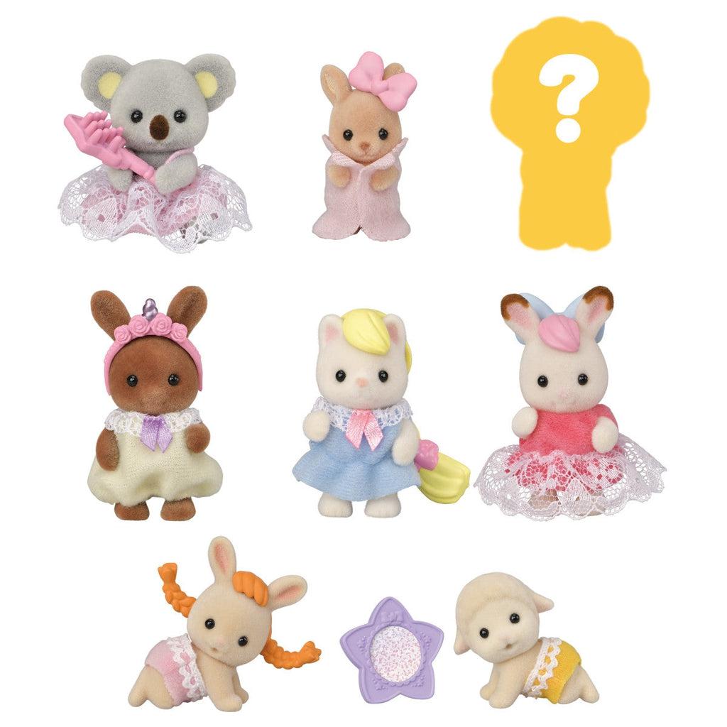Image of all the possible prizes outside of the packaging. They all come with different unique outfits and they have fun hair! There are animals such as rabbits, cats, sheep, and koalas.