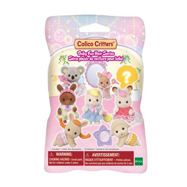 Image of the packing/bag for the Calico Critters Baby Fun Hair Blind Bag. On the front it has a picture of all potential prizes included in the blind bags. There is one mystery baby doll not shown.