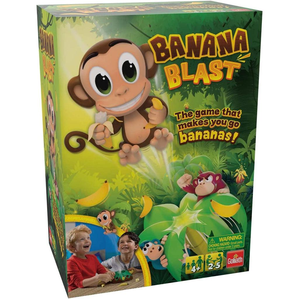 Packaging reads: Banana Blast, the game that makes you go bananas! The box also displays an image of banana joe (the monkey figure the game is played with) leaping from the top of a tree fleeing from a gorilla and sending banana's flying. A smaller image in the bottom left corner shows 2 boys playing the game, smiling as banana joe is launched into the air. The bottom right contains a choking hazard warning, a label for ages 4+, a label for 2-5 players,  displaying the Goliath games logo.
