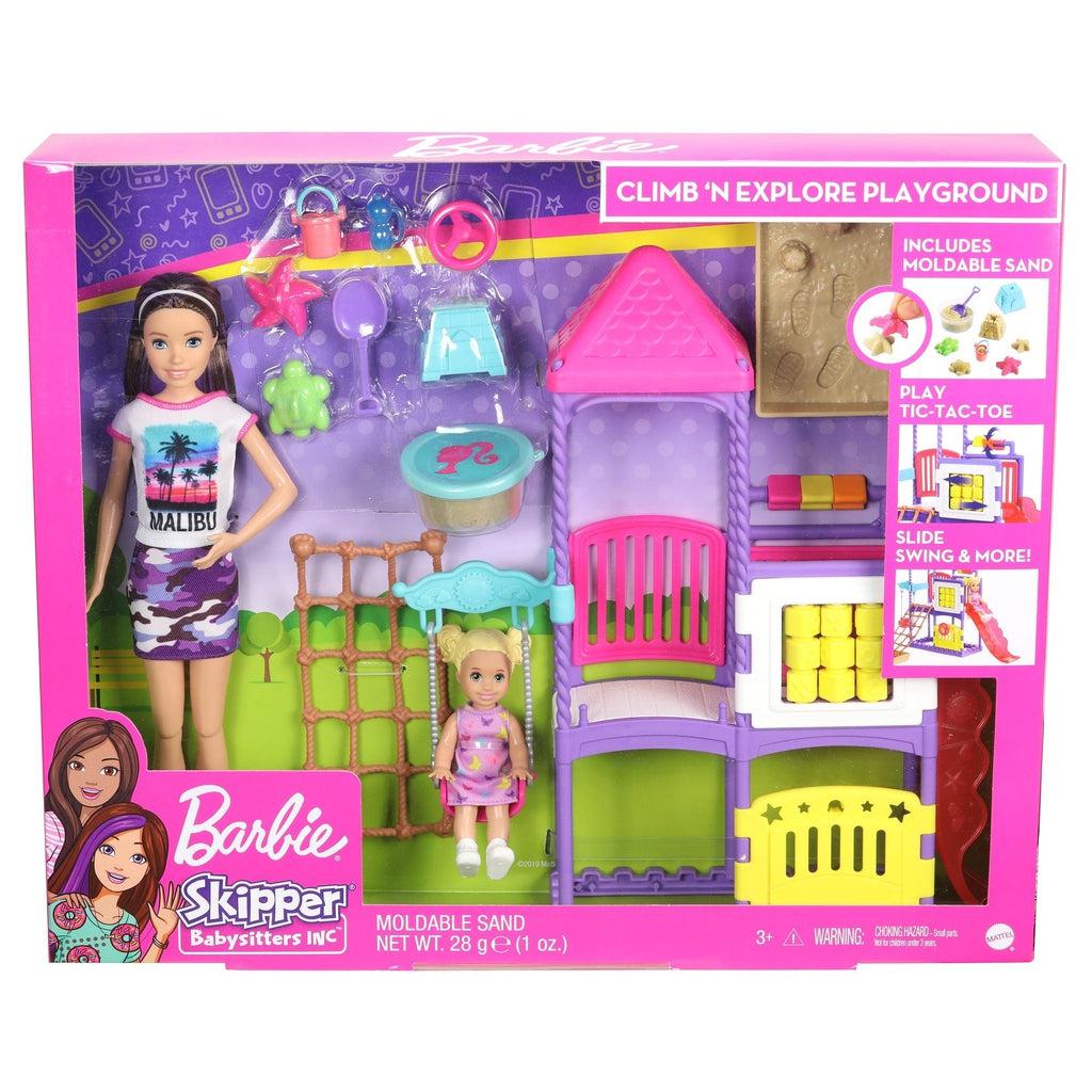 Image of the packaging for the Barbie Babysitter Climb n' Explore Playground. The front is open so that you can see and touch the contents.