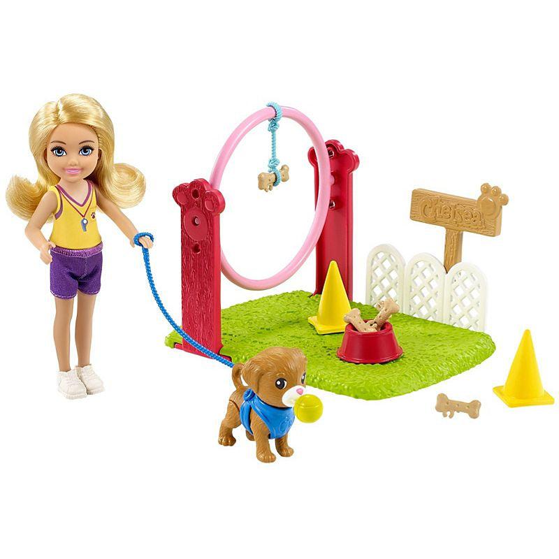 Image of the put together set outside of the packaging. The set includes a Chelsea doll, a dog doll, a hoop, cones, and treats.