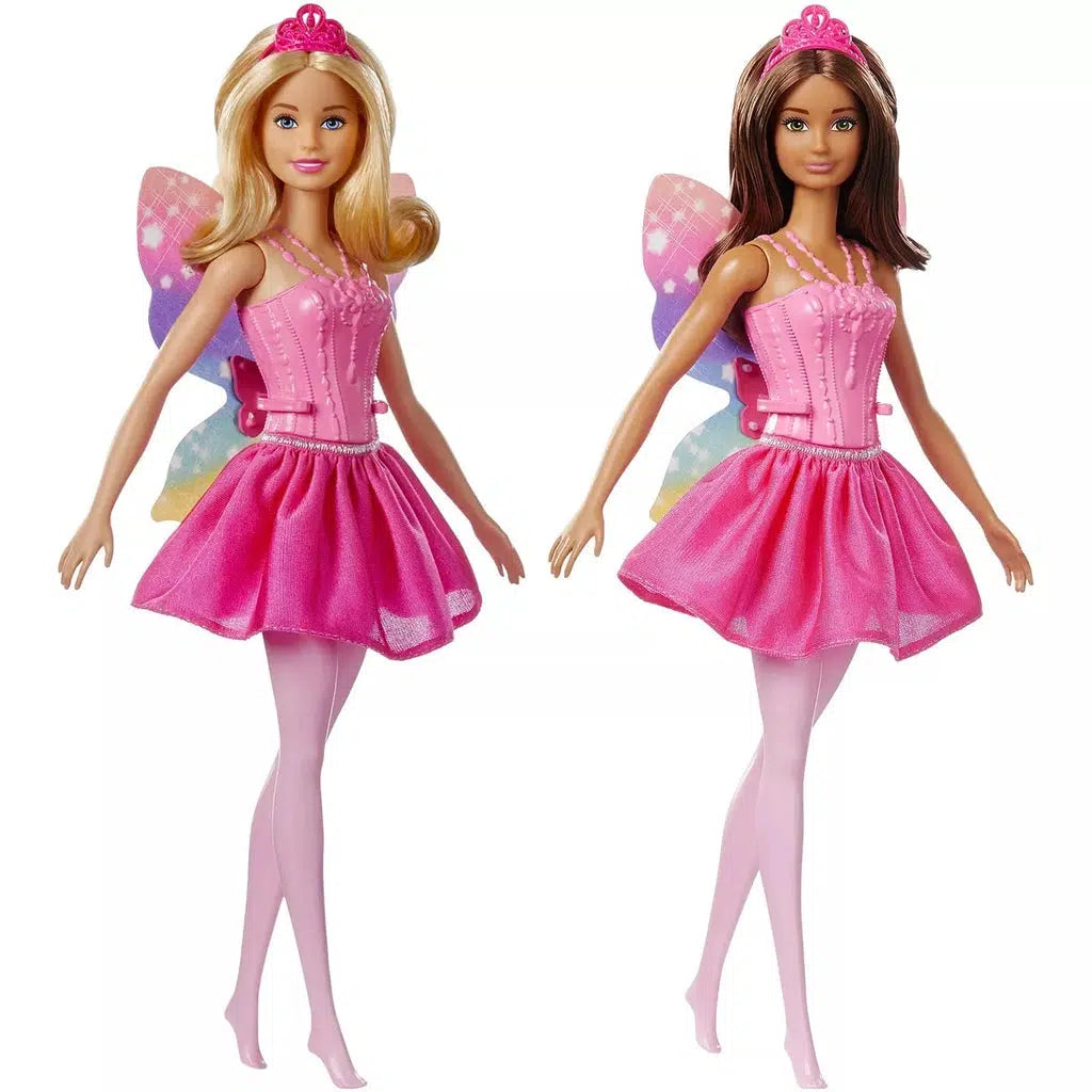Two of the assorted options are shown. Both wear a tight pink dress with a flowing skirt, they also have rainbow colored wings on their backs and pink tiaras. The doll on the left has blond hair and the other has brown hair.