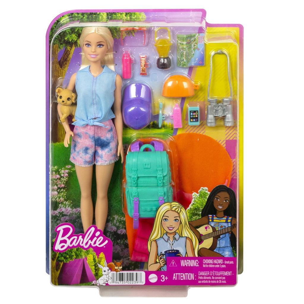 Image of the packaging for the Barbie It Takes Two "Malibu" Camping Doll. The front is made of clear plastic so you can see all the included pieces inside.