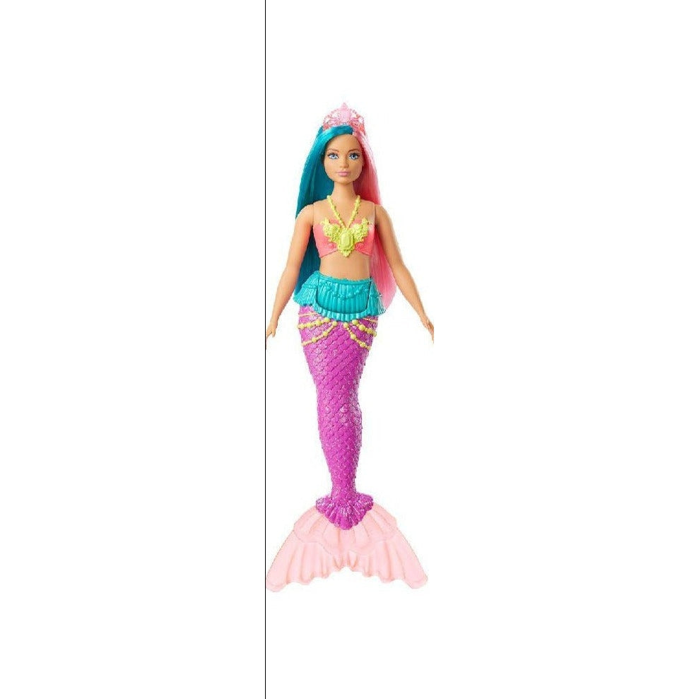 Barbie Mermaid 1 | Turquoise/pink hair, pink top, turquoise/purple/pink tail, yellow necklace, pink crown.