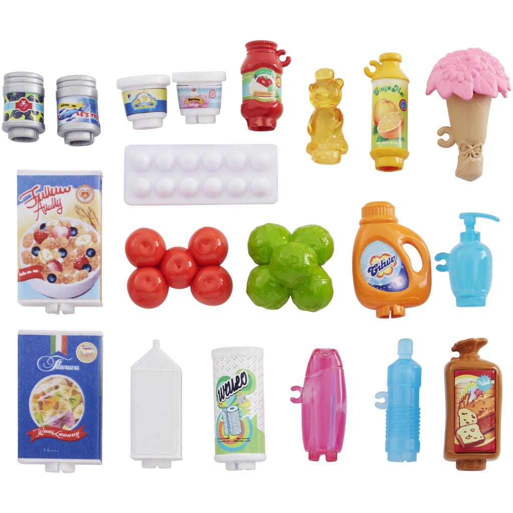 Up close view of the shopping products. It includes soap, flowers, cereal, fruit, yogurt, etc.