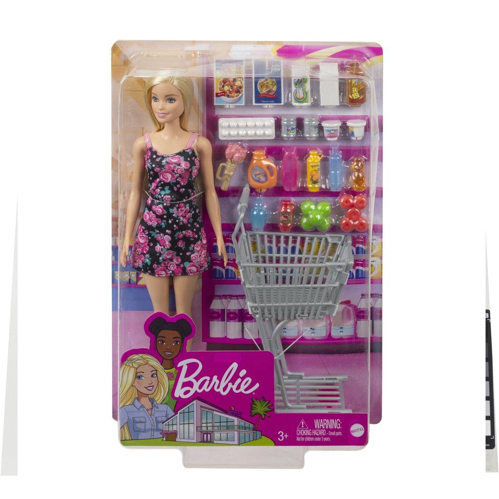 Image of the packaging for the Shopping Time Barbie doll set. The front is made of clear plastic so you can see all the included pieces inside.
