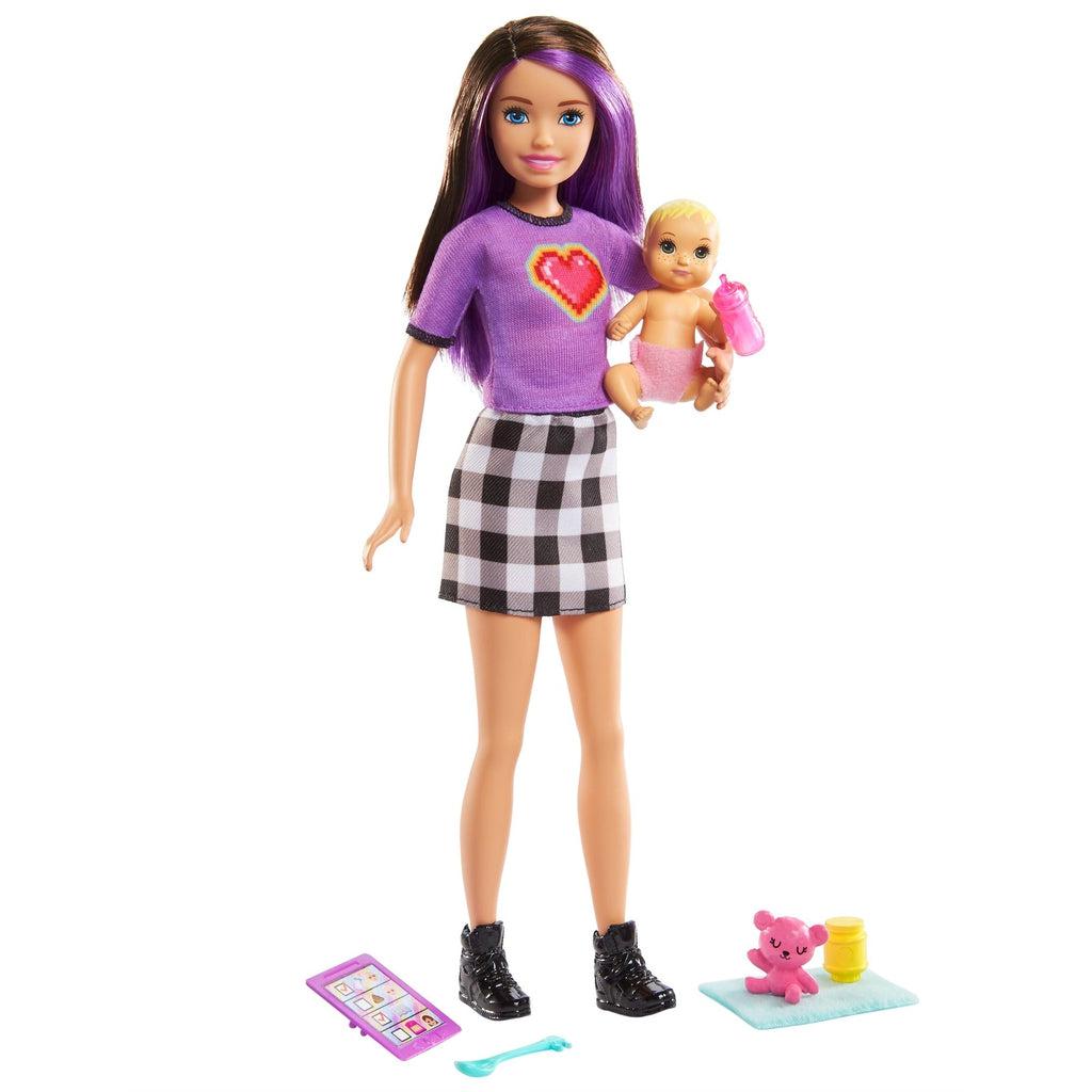 Doll 2 | This doll has waist length brown hair with purple streaks, blue eyes, and a light tone. She is wearing a purple shirt with a rainbow heart logo, black plaid skirt, and black high-top sneakers. Her accessories include a blonde baby with a pink diaper, a toy bear, bottle, baby food, spoon, blanket, and checklist.