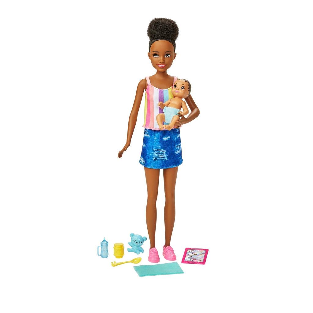 Doll 3 | This doll has curly black hair styled into an up do, hazel eyes, and medium dark skin tone. She is wearing a rainbow strip tank top, distressed blue denim skirt, and pink sneakers. Her accessories include a brown haired baby with a blue diaper, a toy bear, bottle, baby food, spoon, blanket, and checklist.