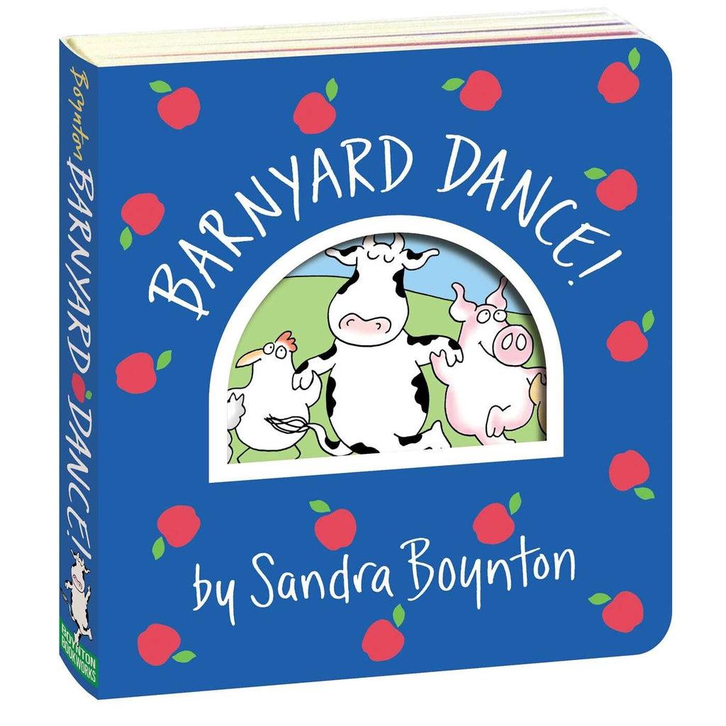 Image of the cover of the Barnyard Dance book. On the front is a window cut out that looks into the next page with a picture of a cow dancing with a chicken and a pig.