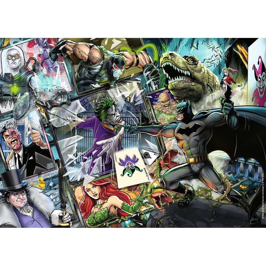 Puzzle image | Illustrations of villains from the Batman comic book series emerge attacking from panels while cartoon Batman fights back. | Some villains present include: Joker, Green Ivy, Harley Quinn, and more.