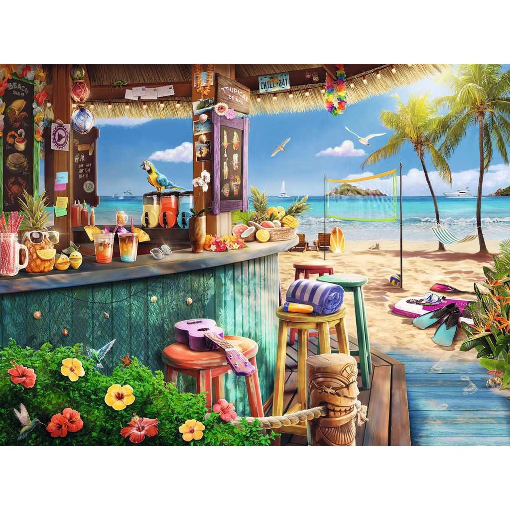 Puzzle is a beach scene with a tiki bar on the left side. There are fruity drinks being made and there are many beach items scattered around like surf boards, beach towels, goggles, and sunscreen.