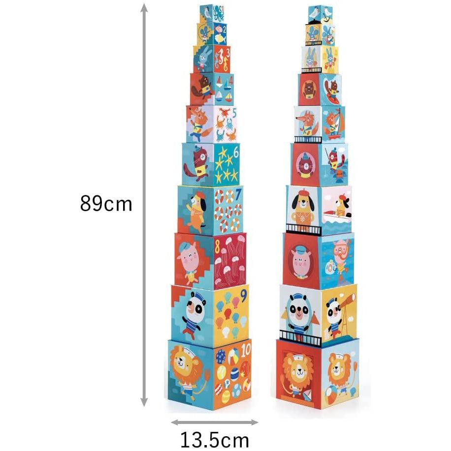 Shows that when completely stacked, the blocks are up to 89cm tall.