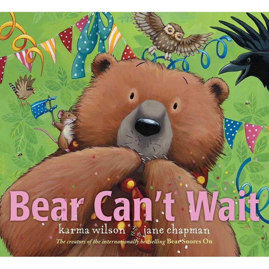The cover of the book shows a cartoonish bear covering his mouth in surprise with confetti and birds flying around