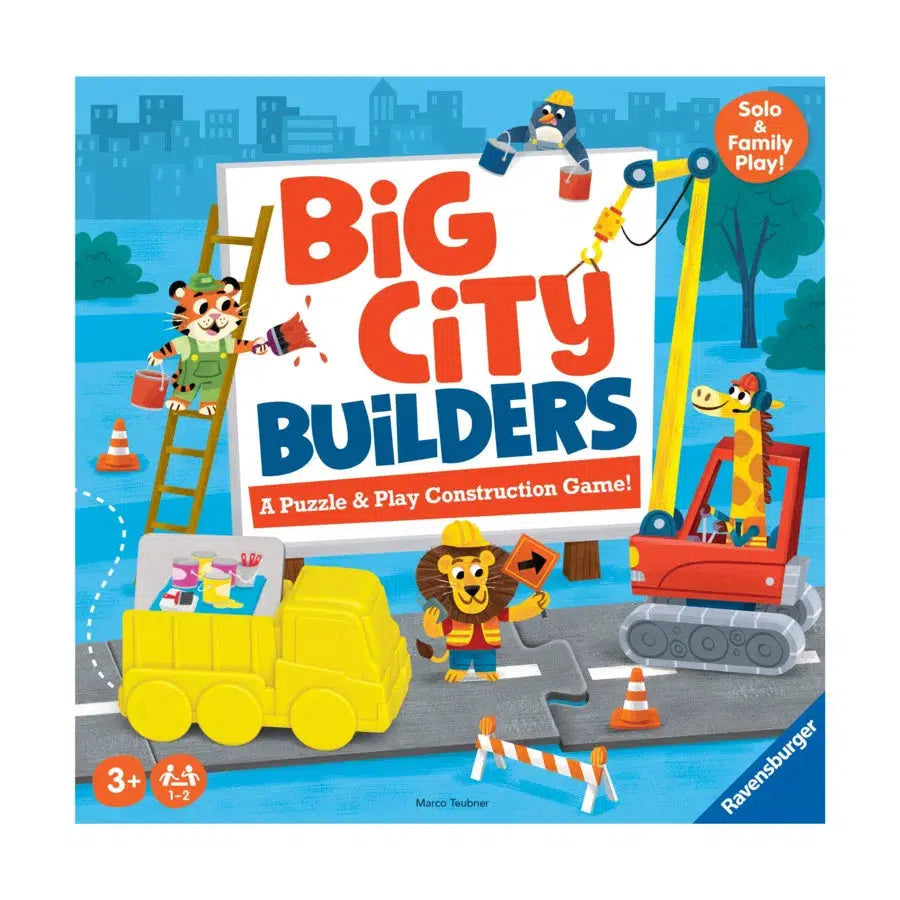 The front of the box shows the game name on a big white sign being painted by a tiger and penguin, a giraffe in a crane lifts the letters on, and a tiger directs traffic past the construction.
