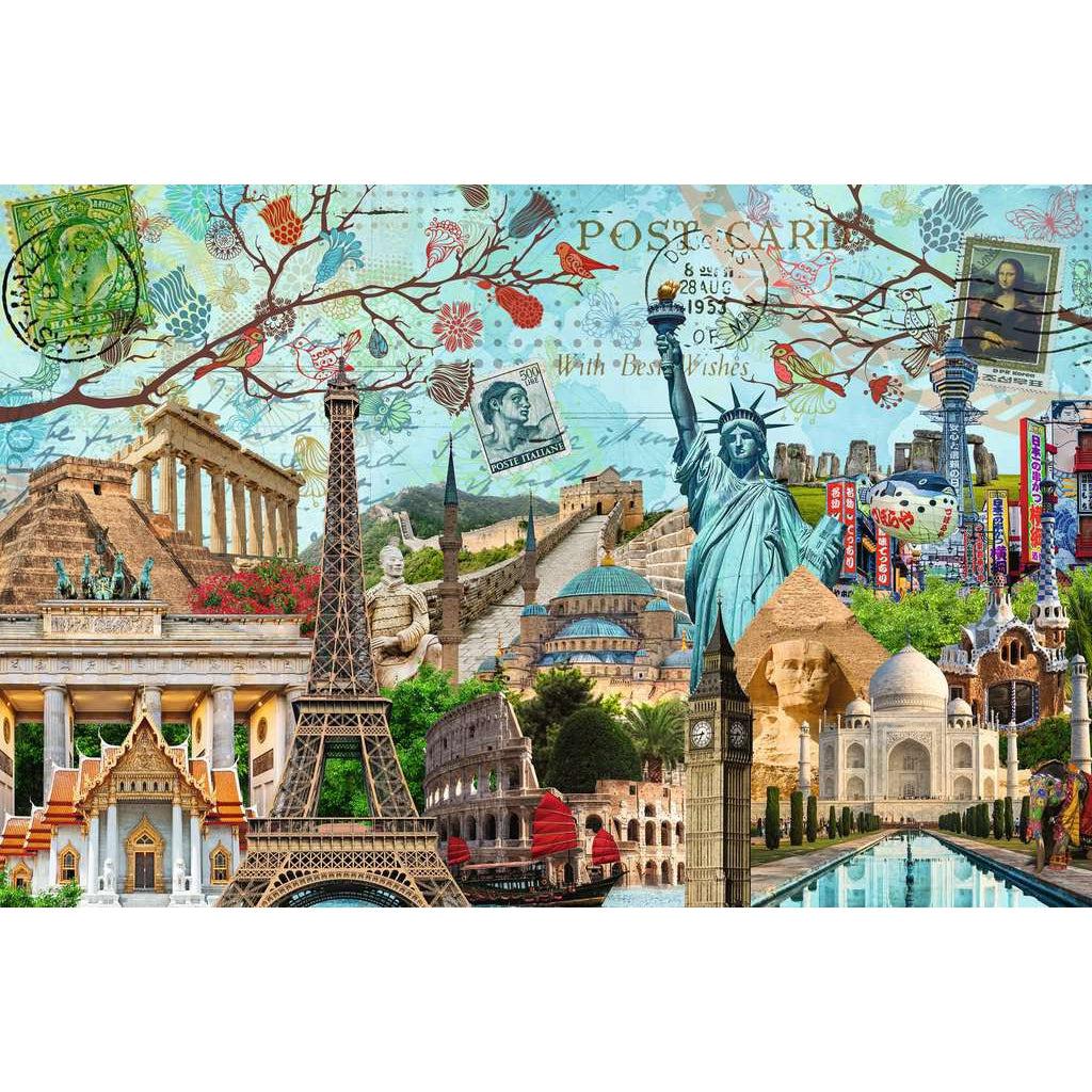 Puzzle image | Image is a large  collage of major landmarks from cities around the world laid over one another. Notable landmarks include the Eiffel Tower, Statue of Liberty, Taj Mahal, and more. | Toward the top of the image is a series of stamps from around the world, postmarks, and illustrated ornate flowering branches.
