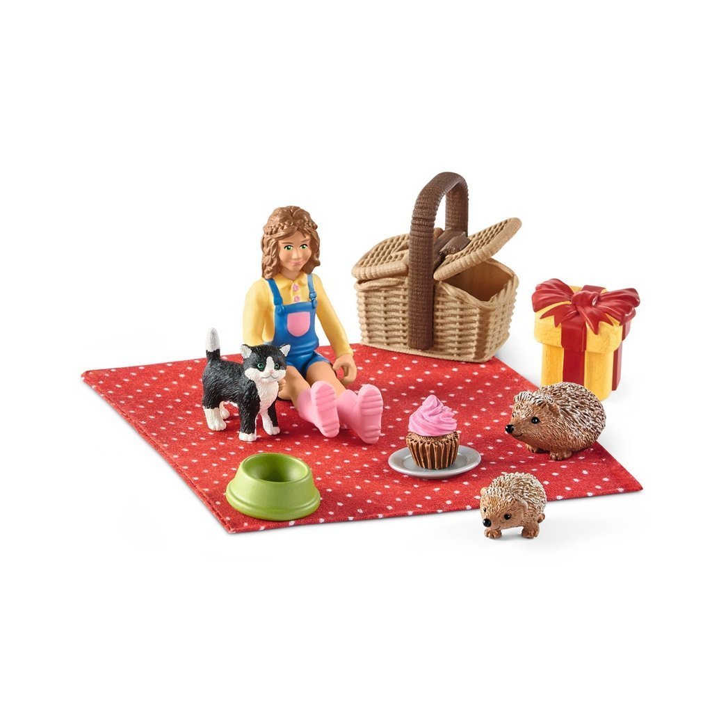 Image of the play set outside of the packaging. It comes with a little girl, a cat, two hedgehogs, and picnic supplies like a basket and a blanket. It also comes with a present that can open to reveal an item.