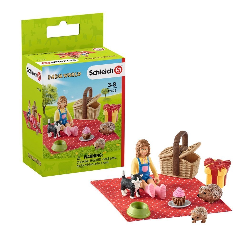 Image of the packaging for the Birthday Picnic play set. On the front is an image of all the included playing pieces.