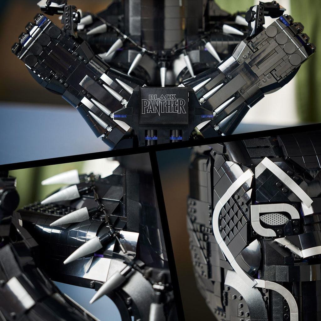 top image: The hands are attached at the wrist to a baseplate with "black panther" on it | bottom left: the head model has a tooth chain necklace on just like the marvel character | bottom right: the models head is detailed with the same markings that are on the characters suit, the eyes are even a lego mesh piece.