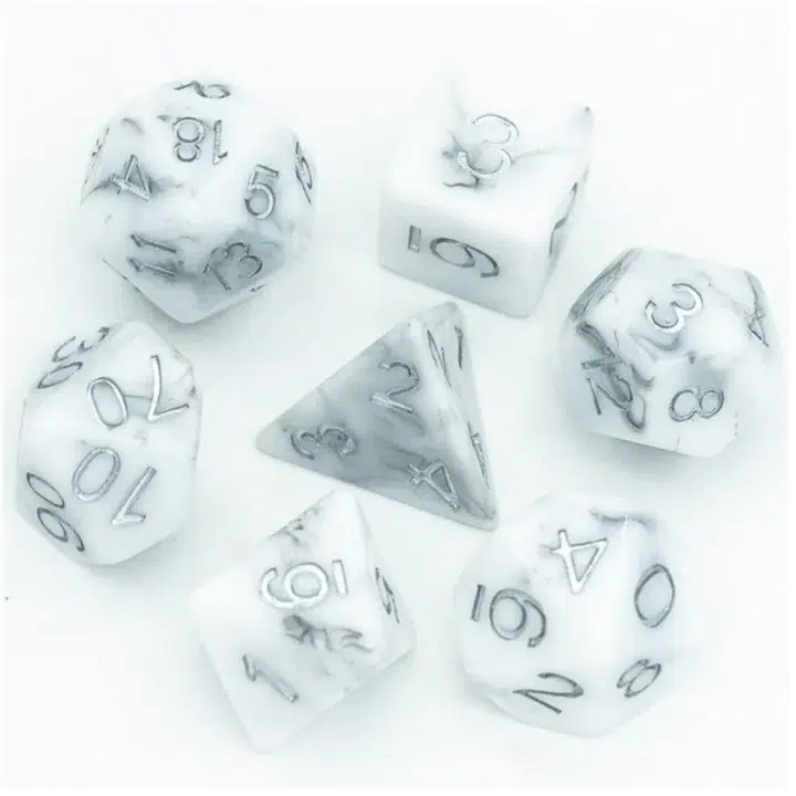 The 7 dice are shown in a circle with the D4 in the center. The dice are white resin with grey black marbling swirled around it.
