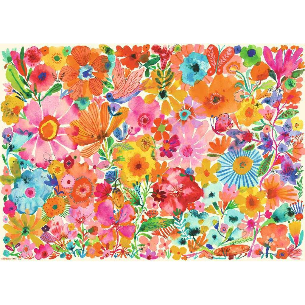 Puzzle is a watercolor picture of different flowers. They are mostly orange and pink colored with some yellow, blue and purples scattered about. There are also some hidden birds in the image. The flowers overlap each other.