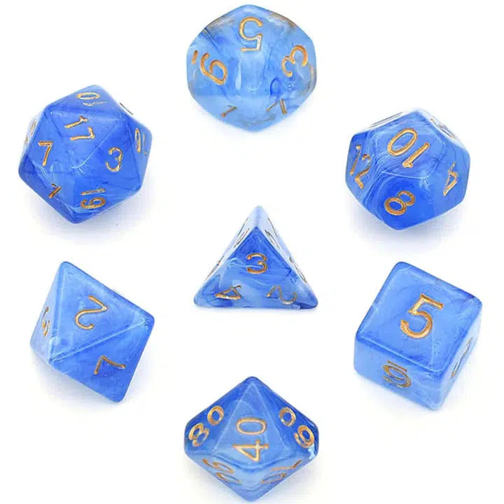 All 7 dice are in a circle with the D4 in the center. The dice are made of a semi-transparent blue resin, the insides are filled with swirling patterns of resin.