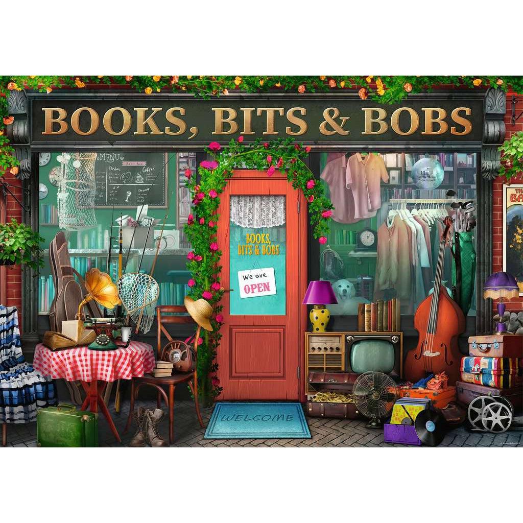 Puzzle is a storefront labeled "Books, Bits & Bobs". You can see all sorts of different doodads inside and outside of the store such as musical instruments, antiques, clothing, fishing nets, and more.