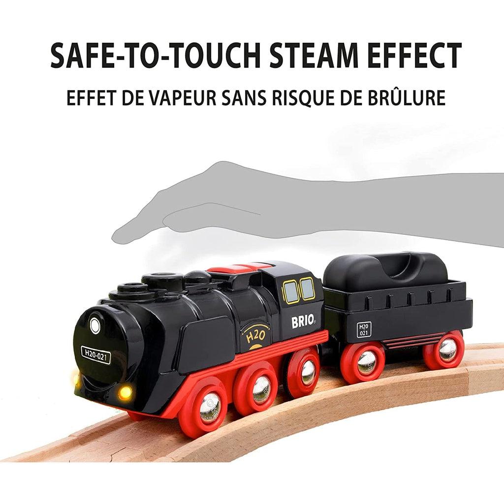 Shows lights on the front of the train and that the steam that comes out of the train is safe to touch.