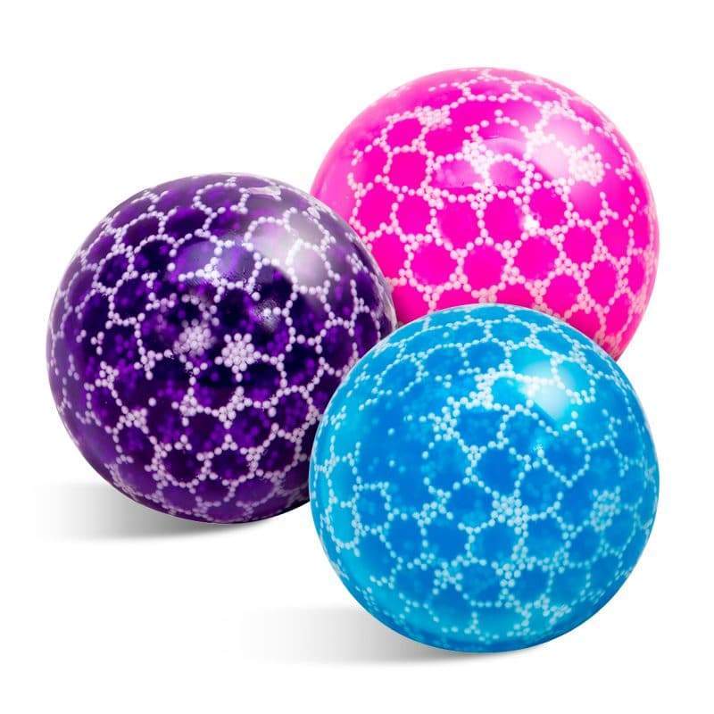 3 of the possible colors are shown, a light blue, dark purple, and hot pink. They're full of hexoganal patters of small white balls
