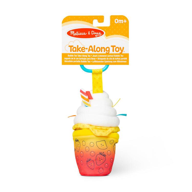 Bubbles Tea Take-Along toy in package | Clip with hanging bubble tea in yellow to red ombre cup with white whipped cream on top and a colorful straw