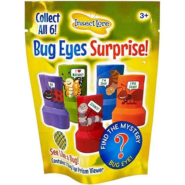 A vacuum sealed blind bag containing a random kaleidoscope. Options on the front show an orange one with an ant on it, blue with a snail, red with millipede, purple with ladybug, and green with butterfly. A graphic in the bottom right reads: Find the mystery bug eye!