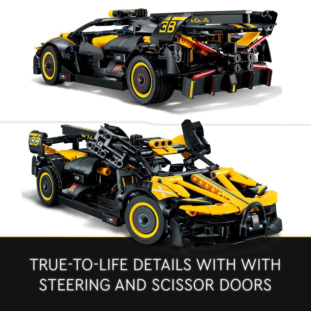 top image: a back view of the car showing 4 exhaust pipes with red tubing coming from the pipes to the sides of the car | bottom image: the cars two side doors open up by rising upwards rather than out | Image reads: True-to-life details with steering and scissor doors