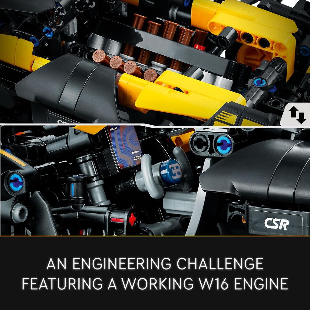 top and bottom images show different views and areas of the lego engine. It's extremely detailed with small parts and moves as the car moves like a real engine | image reads: An engineering challenge featuring a working W16 Engine