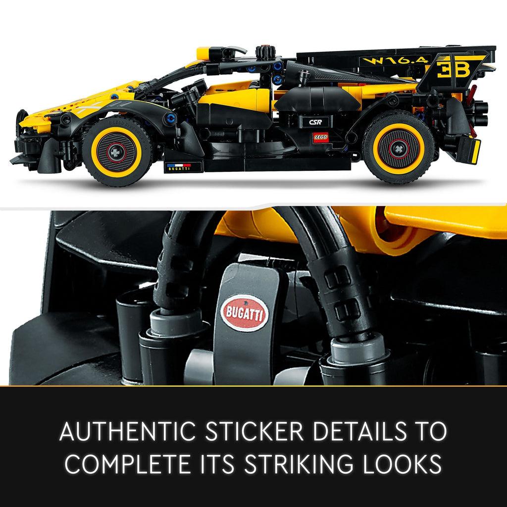 top image: side view of the car, it's shaped like a normal sedan or race car but has a fin down the middle that gives the back half a rectangular shape from the side | bottom image: bugatti sticker on the steering wheel | Image reads: authentic sticker details to complete its striking looks