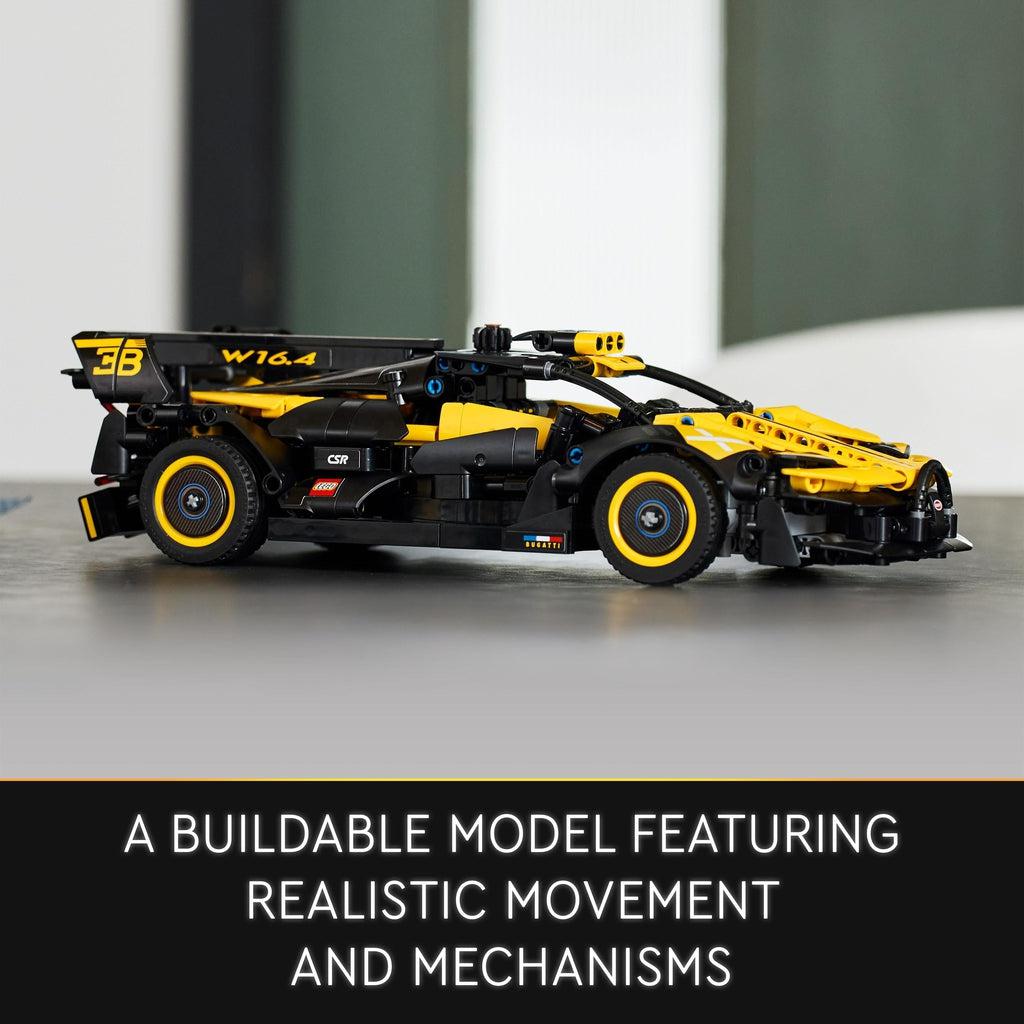 the car is displayed on a white table | Image reads: A buildable model featuring realistic movement and mechanisms