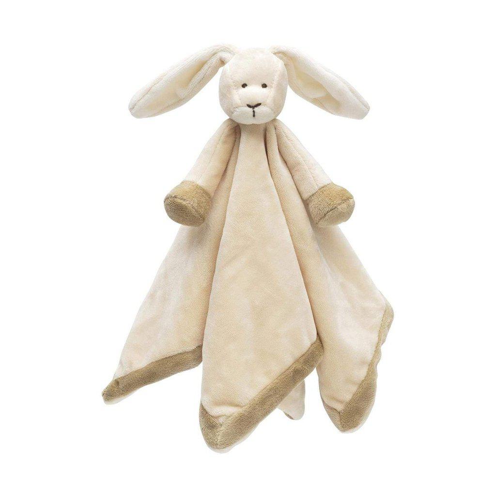 Image shows a tan fuzzy blanket with a stuffed rabbits head and arms attached to the middle.