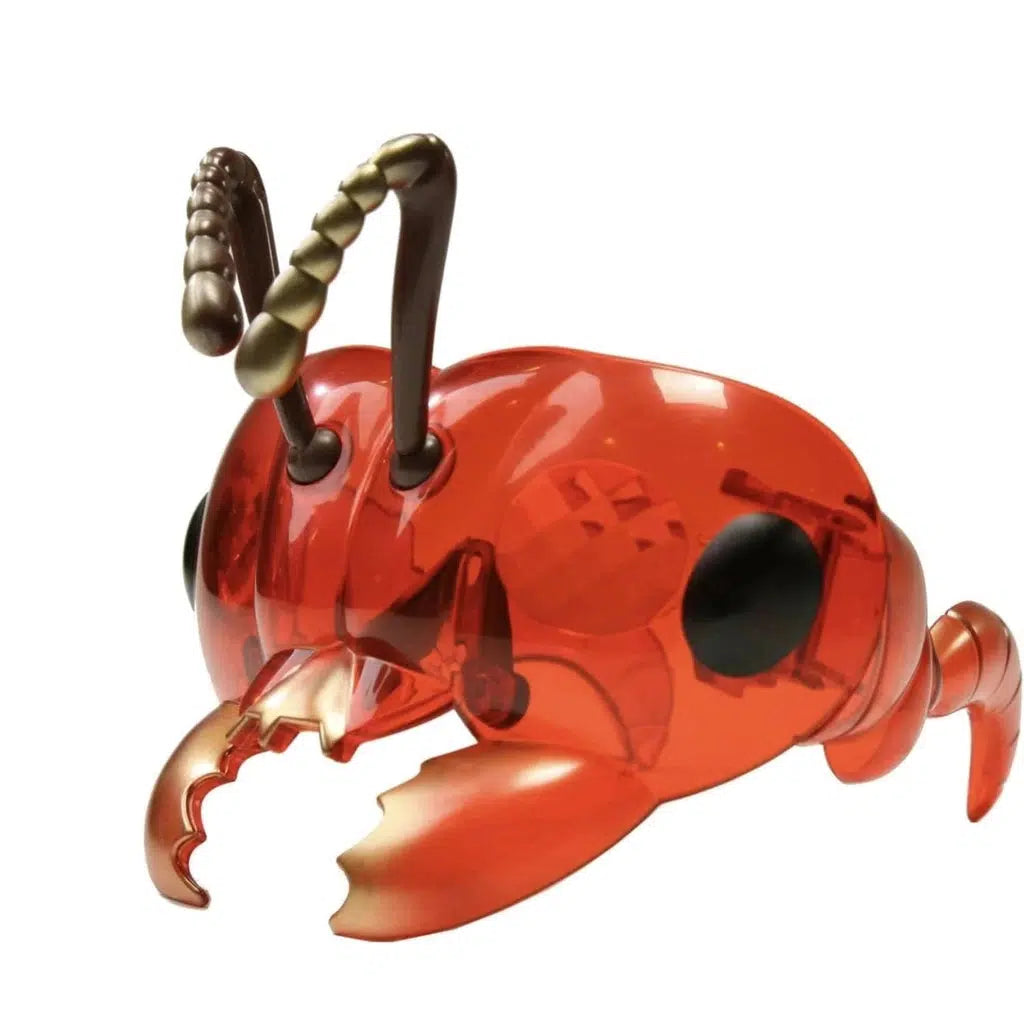 Close up view of the ant goggles. The goggles are an orange-red color with brown antennae.