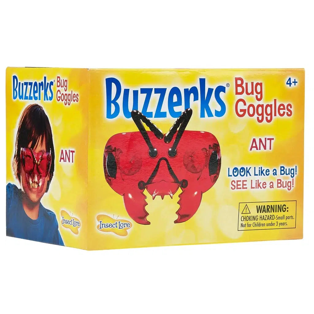 Image of the packaging for the Buzzerks Ant Goggles. The front of the box has a picture of the goggles and another picture of a kid wearing them